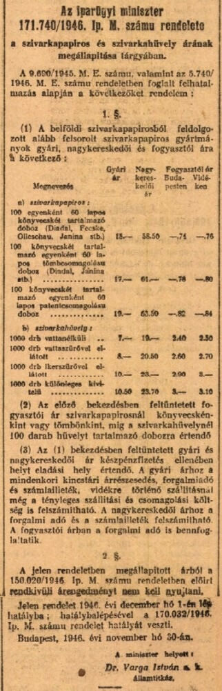 1946.12.01. Papír és hüvely árak