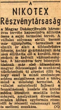 1947.08.10. A Nikotex Rt. termelési terve