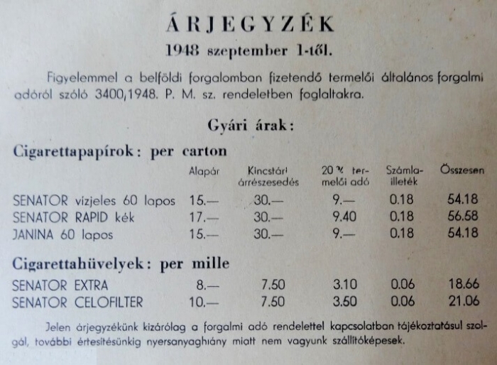 1948. Cigarettapapír és hüvely árjegyzék