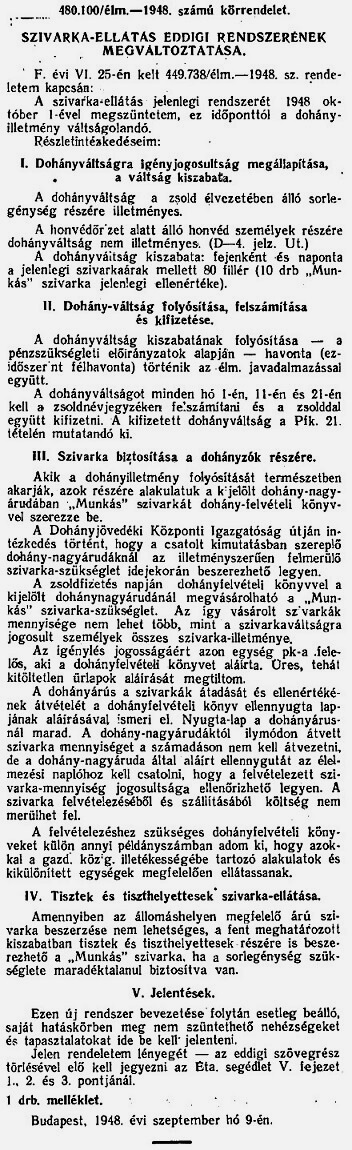 1948.09.15. Szivarka-ellátás