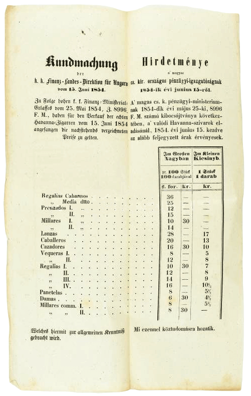 1854. Szivar árjegyzék