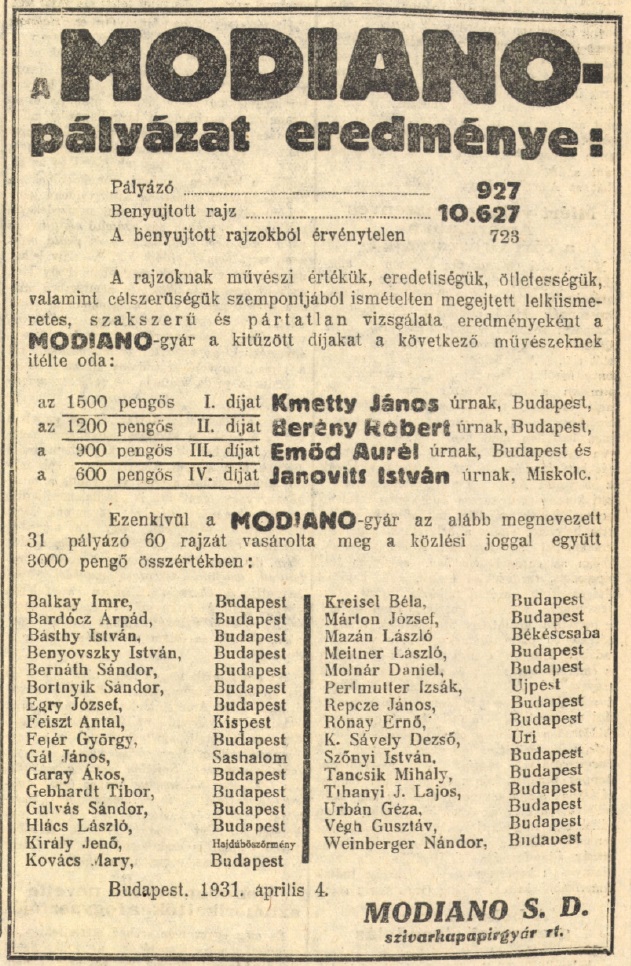 1931.04.05. Modiano pályázat