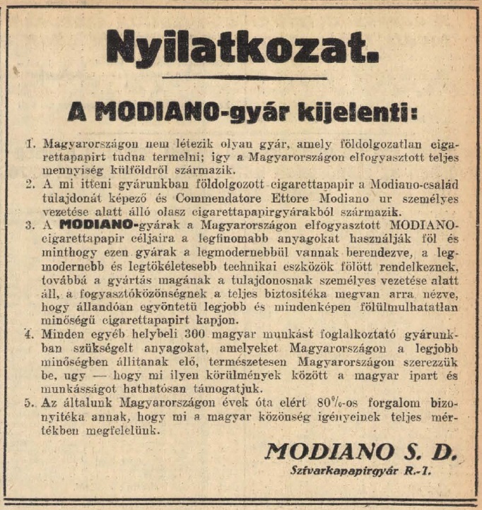 1930.03.07. Modiano nyilatkozat