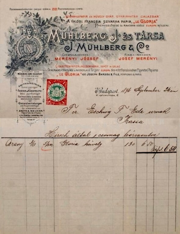 Mühlberg és Társa - számla, 1894