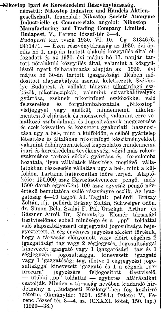 1930.09.18. Nikostop Ipari és Keresk. Rt.