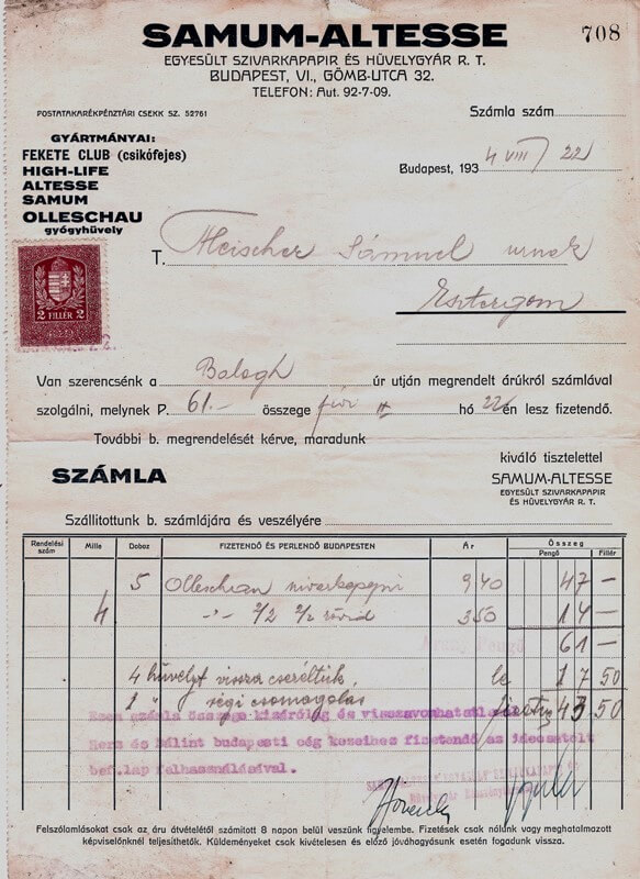 Samum-Altesse Rt. számlája, 1934