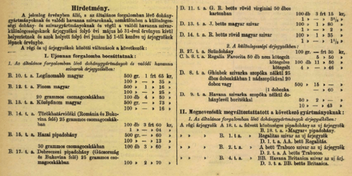 1888.06.01. Belföldi árjegyzék