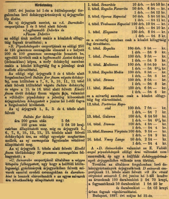 1897.05.21. Dohány árjegyzék