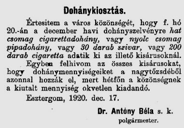 1920.12.18. Dohánykiosztás