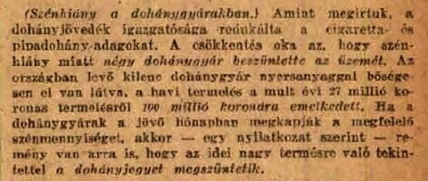 1921.01.06. Szénhiány a dohánygyárakban