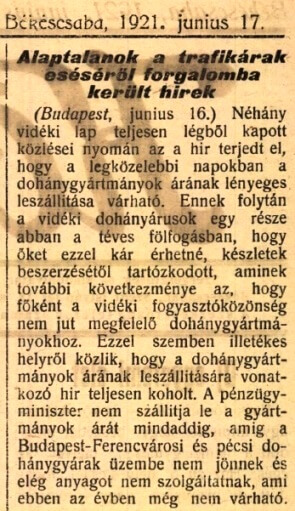 1921.06.17. Dohány árak