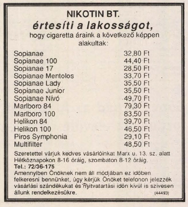 1991.11.19. Cigaretta árak