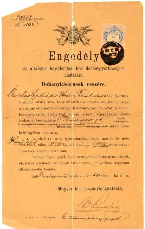 Dohány eladási engedély, 1893.