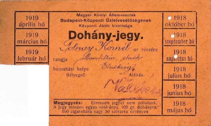 Dohányjegy 1918.05. Budapest