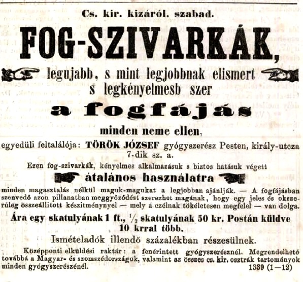 1865. Legújabb fog-szivarkák